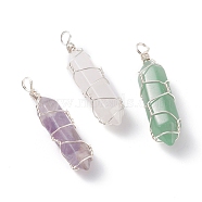 3Pcs Natural Amethyst, Natural Green Aventurin and Natural Rose Quartz Pointed Pendants, with Silver Color Plated Eco-Friendly Copper Wire Wrapped, Faceted Bullet, 41x12x11mm, Hole: 3.6mm(PALLOY-JF01208)