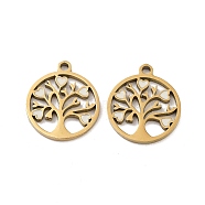 Ion Plating(IP) 316 Surgical Stainless Steel Pendants, Nickel Free, with Enamel, Flat Round with Tree of Life Charm, Real 18K Gold Plated, White, 17x15x1.5mm, Hole: 1.5mm(STAS-U014-47G)