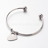 304 Stainless Steel Cuff Bangles, Heart Charm Bangles, Stainless Steel Color, 2-3/8 inch(6.1cm)(X-BJEW-JB02389-04)