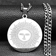 304 Stainless Steel Pendant Necklaces, Flat Round with Sun Pattern, Stainless Steel Color, 23.70 inch(60.2cm)(NJEW-C042-05P)