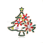 Christmas Tree Rhinestone Brooch Pin, Light Gold Alloy Brooch for Backpack Clothes, Colorful, 43x41mm(XMAS-PW0001-258)