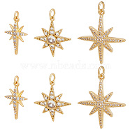 6Pcs 3 Styles Brass Micro Pave Cubic Zirconia Pendants, with Jump Rings, Star Charm, Real 18K Gold Plated, 18.8~25x12~23x2.5~3mm, Hole: 2.4~3mm, 2pcs/style(ZIRC-BBC0002-57)