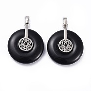 Natural Obsidian Pendants, with Platinum Tone Brass Findings, Donut/Pi Disc with Lotus, 35.5x30x8.5~9.5mm, Hole: 4.5x6.5mm(G-F640-B04)