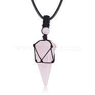 Natural Rose Quartz Cone Braided Pendant Necklace, Gemstone Wrapped Jewelry for Women, 31.18 inch~33 inch(79.2~84cm)(NJEW-SZ0001-59E)