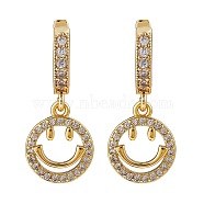 Clear Cubic Zirconia Smiling Face Drop Huggie Hoop Earrings, Brass Jewelry for Women, Golden, 27mm, Pin: 0.9mm(EJEW-SW00005-07)