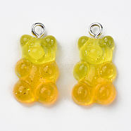 Transparent Resin Pendants, with Glitter Powder and Platinum Tone Iron Loop, Bear, Yellow, 21x11x7mm, Hole: 1.8mm(RESI-R429-31G)