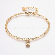 304 Stainless Steel Cable Chain Bracelets, Multi-strand Bracelets, with Rhinestone, Lobster Claw Clasps, Square, Golden, Crystal, 7-1/8 inch(180mm), 1.5~2mm(BJEW-I243-22G-A)