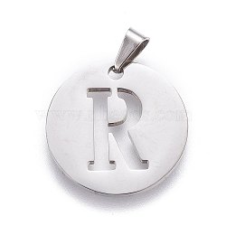 201 Stainless Steel Pendants, Flat Round with Letter, Stainless Steel Color, Letter R, 20x1.3mm, Hole: 4x3mm(STAS-L221-33R)