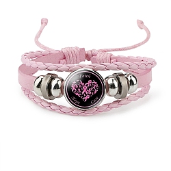 Imitation Leather Multi-strand Bracelets for Women, October Breast Cancer Pink Awareness Ribbon Iron Glass Adjustable Bracelet, Heart, 4-3/8 inch(11cm)(PW-WG69794-06)