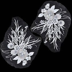 3D Flower Polyester Embroidery Sew on Flower Appliques, with Paillettes & Acrylic Rhinestones, Sewing Craft Decoration for Wedding Dress, Cheongsam, White, 350~400x270~290x6.5mm(PATC-WH0008-24A)