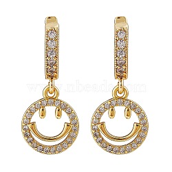Clear Cubic Zirconia Smiling Face Drop Huggie Hoop Earrings, Brass Jewelry for Women, Golden, 27mm, Pin: 0.9mm(EJEW-SW00005-07)