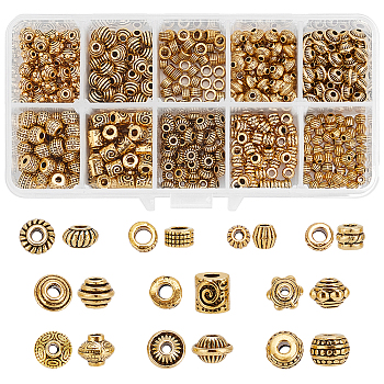 Elite 500Pcs 10 Styles Tibetan Style Alloy Spacer Beads, Rondelle & Column % Bicone, Mixed Shapes, Antique Golden, 4~7x4~7mm, Hole: 1~3mm, 50pcs/style