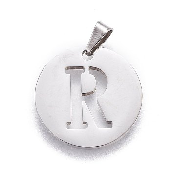 201 Stainless Steel Pendants, Flat Round with Letter, Stainless Steel Color, Letter R, 20x1.3mm, Hole: 4x3mm