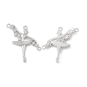 Brass Pave Clear Cubic Zirconia Connector Charms, Ballet Dancers Links, Platinum, 28x29x3mm, Hole: 1.5mm