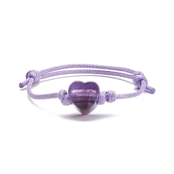 Natural Amethyst Heart Braided Cord Bracelet, Adjustable Friendship Bracelet for Women, Inner Diameter: 2-1/8~3 inch(5.4~7.6cm) 