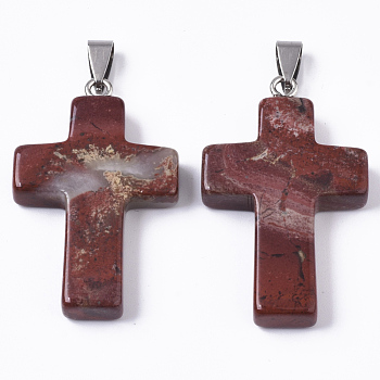Natural Red Rainbow Jasper Pendants, with Random Stainless Steel Snap On Bails, Cross, 44~46x27~29x6~8mm, Hole: 4x8mm