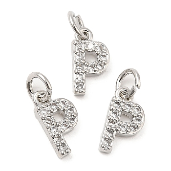 Brass Micro Pave Grade AAA Cubic Zirconia Charms, Letter P, Cadmium Free & Nickel Free & Lead Free, Real Platinum Plated, 9x4.5x1.5mm, Hole: 2mm