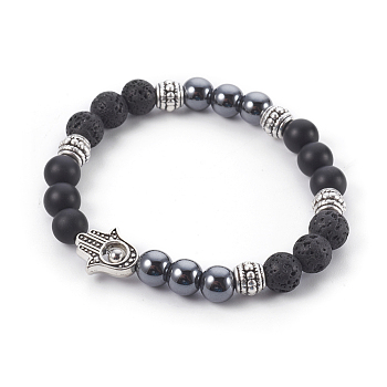 Natural Lava Rock and Black Agate(Dyed) Stretch Bracelets, with Non-Magnetic Synthetic Hematite, 304 Stainless Steel Beads and Alloy Beads, Palm, 2-1/4 inch(5.8cm)