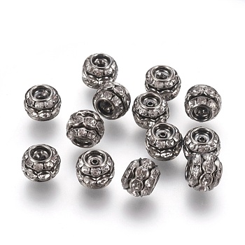 Brass Rhinestone Beads, Grade A, Gunmetal Color, Clear, Barrel, about 10mm in diameter, 9mm long, hole: 1.5mm