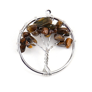 Natural Tiger Eye Tree fo Life Pendants, Iron Ring Chip Gems Tree Charms, Platinum, 30mm