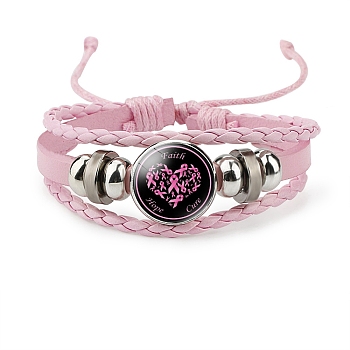 Imitation Leather Multi-strand Bracelets for Women, October Breast Cancer Pink Awareness Ribbon Iron Glass Adjustable Bracelet, Heart, 4-3/8 inch(11cm)