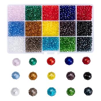Opaque Solid Color Glass Beads, Faceted, Rondelle, Mixed Color, 4x3mm, Hole: 0.4mm, 15 colors, 200pcs/color, 3000pcs/box