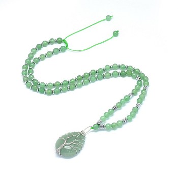 Natural Green Aventurine Pendant Necklaces, with Brass Findings, Teardrop with Tree, 23.62 inch(60cm)