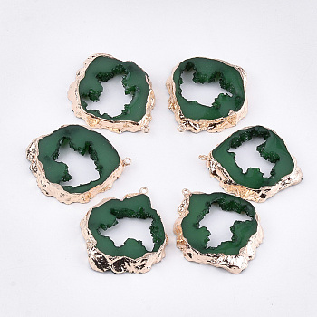 Electroplate Druzy Resin Pendants, with Iron Findings, Light Gold, Dark Green, 47.5~48x40~41x7~7.5mm, Hole: 1.8mm