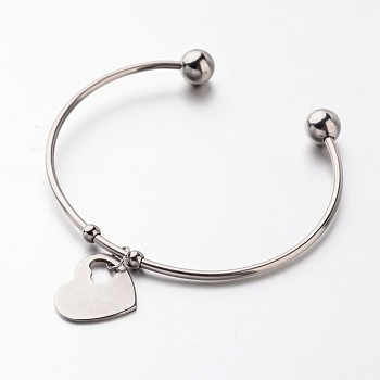 304 Stainless Steel Cuff Bangles, Heart Charm Bangles, Stainless Steel Color, 2-3/8 inch(6.1cm)