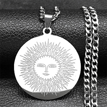 304 Stainless Steel Pendant Necklaces, Flat Round with Sun Pattern, Stainless Steel Color, 23.70 inch(60.2cm)