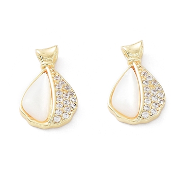 Rack Plating Brass Shell Pendants, with Cubic Zirconia & Shell, Long-Lasting Plated, Teardrop, Real 18K Gold Plated, 14x8.5x3mm, Hole: 1.5mm