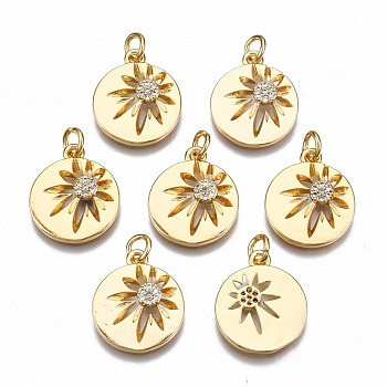 Brass Micro Pave Clear Cubic Zirconia Pendants, with Jump Rings, Nickel Free, Flat Round with Flower, Real 18K Gold Plated, 17.5x15x1.5mm, Jump Rings: 5x0.8mm, 3mm inner diameter