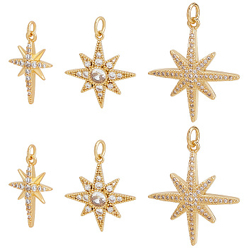 6Pcs 3 Styles Brass Micro Pave Cubic Zirconia Pendants, with Jump Rings, Star Charm, Real 18K Gold Plated, 18.8~25x12~23x2.5~3mm, Hole: 2.4~3mm, 2pcs/style