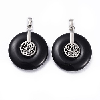 Natural Obsidian Pendants, with Platinum Tone Brass Findings, Donut/Pi Disc with Lotus, 35.5x30x8.5~9.5mm, Hole: 4.5x6.5mm