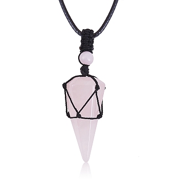 Natural Rose Quartz Cone Braided Pendant Necklace, Gemstone Wrapped Jewelry for Women, 31.18 inch~33 inch(79.2~84cm)
