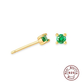 Golden Sterling Silver Micro Pave Cubic Zirconia Stud Earring, Square, Green, 4x4mm