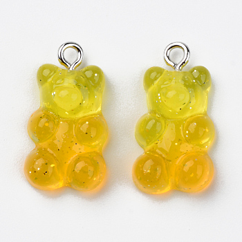 Transparent Resin Pendants, with Glitter Powder and Platinum Tone Iron Loop, Bear, Yellow, 21x11x7mm, Hole: 1.8mm