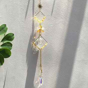 Glass Teardrop Pendant Decoration, Hanging Suncatchers, with Natural Citrine Chip, Rhombus, 500mm