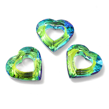 Electroplated Glass Pendants, Back Plated, Faceted Heart Charms, Lawn Green, 24.5x26x6mm, Hole: 11x13mm