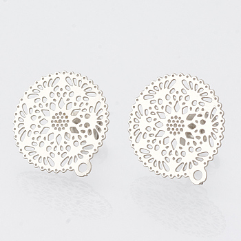 304 Stainless Steel Stud Earring Findings, with Loop, Flat Round, Stainless Steel Color, 16.5x15mm, Hole: 1mm, pin: 0.7mm