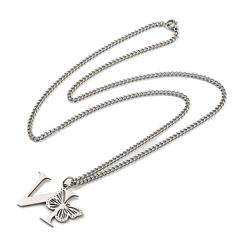 201 Stainless Steel Necklaces, Letter N, 23.74 inch(60.3cm) p: 24x35x1.3mm