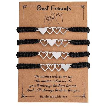 4Pcs 4 Style Stainless Steel Heart Link Bracelets Set, Nylon Cord Adjustable Bracelets for Best Friends Family, Black, Inner Diameter: 2-1/8~4 inch(5.4~10cm), 1Pc/style