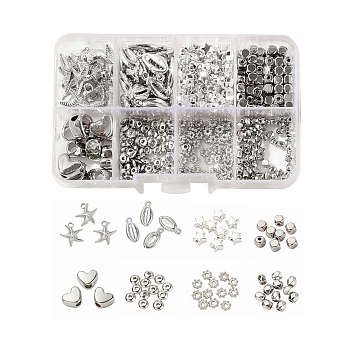 DIY Jewelry Making Kits, Including 515Pcs Heart & Rondelle & Flower & Cube & Star Beads, 47Pcs Starfish & Shell Pendants, Platinum, Beads: 515pcs/box