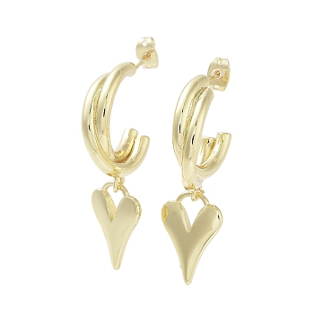 Rack Plating Brass Stud Earring, Cadmium Free & Lead Free, Long-Lasting Plated, Heart, Real 18K Gold Plated, 42x13mm