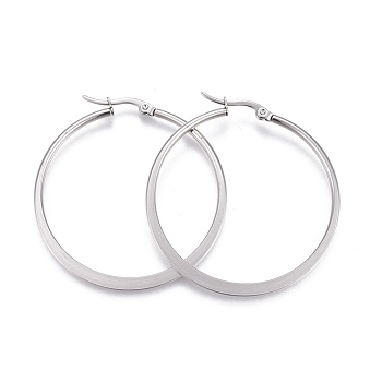 201 Stainless Steel Hoop Earrings, with 304 Stainless Steel Pin, Hypoallergenic Earrings, Flat Ring Shape, Stainless Steel Color, 26x24.5x2mm, Pin: 0.8mm