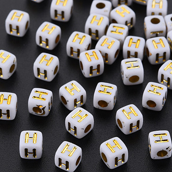 Opaque White Acrylic Beads, Metal Enlaced, Cube with Letters, Letter.H, 4.5mm, Hole: 2mm, about 5000pcs/500g