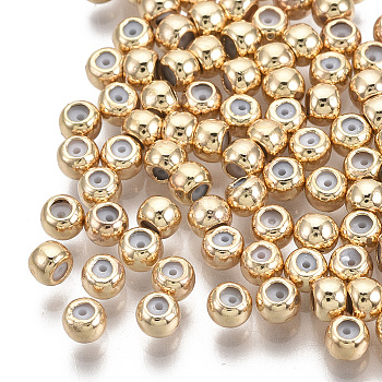 Brass Beads, with Rubber Inside, Slider Beads, Stopper Beads, Nickel Free, Round, Real 18K Gold Plated, 3x2.5mm, Hole: 1.5mm, Rubber Hole: 0.5mm