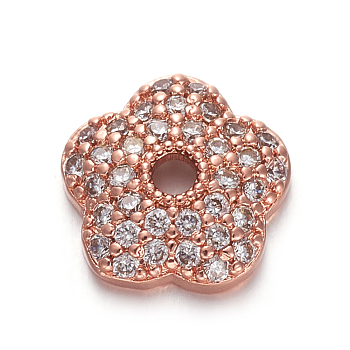 Brass Micro Pave Cubic Zirconia Bead Cap, 5-Petal, Flower, Clear, Rose Gold, 10x10x3mm, Hole: 1.8mm