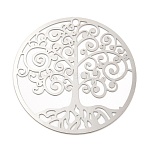Non-Tarnish 201 Stainless Steel Filigree Pendants, Etched Metal Embellishments, Flat Round with Tree of Life Charm, Stainless Steel Color, 35x0.2mm, Hole: 1.8mm(STAS-K257-20P)