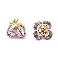 Brass Micro Pave Cubic Zirconia Charms, with Jump Ring, Flower, Real 18K Gold Plated, Lilac, 7.5x7.5x7.5mm, Hole: 1.8mm(KK-C051-14G-05)